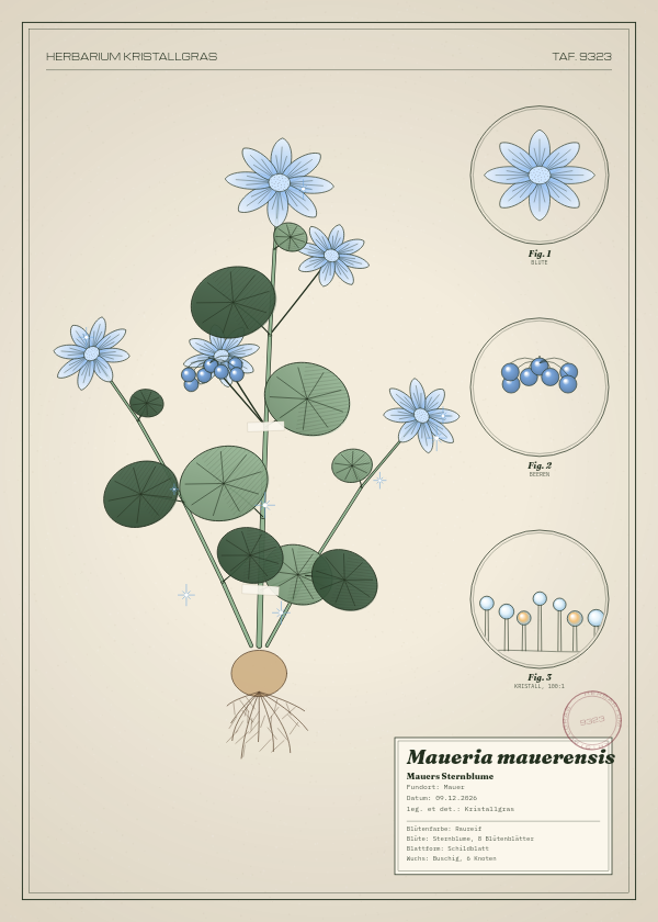 Botanische Tafel: Maueria mauerensis, eine erfundene Pflanze aus Mauer, gezeichnet wie in einem alten Pflanzenatlas