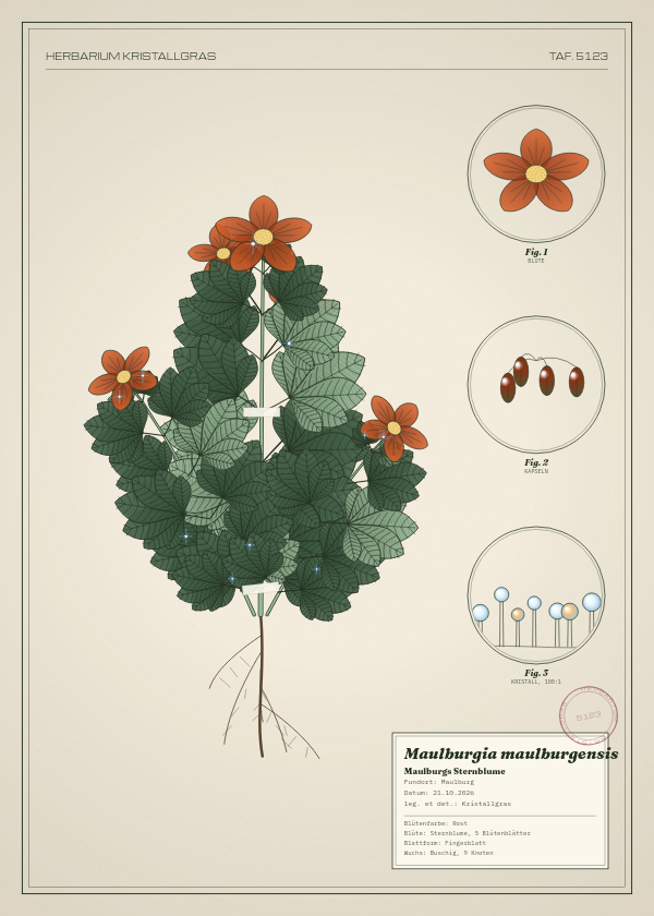 Botanische Tafel: Maulburgia maulburgensis, eine erfundene Pflanze aus Maulburg, gezeichnet wie in einem alten Pflanzenatlas