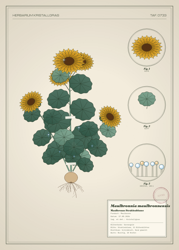 Botanische Tafel: Maulbronnia maulbronnensis, eine erfundene Pflanze aus Maulbronn, gezeichnet wie in einem alten Pflanzenatlas