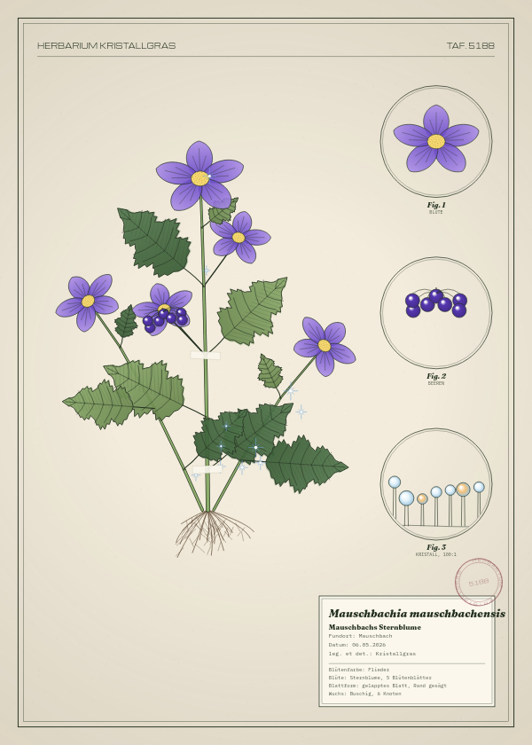 Botanische Tafel: Mauschbachia mauschbachensis, eine erfundene Pflanze aus Mauschbach, gezeichnet wie in einem alten Pflanzenatlas