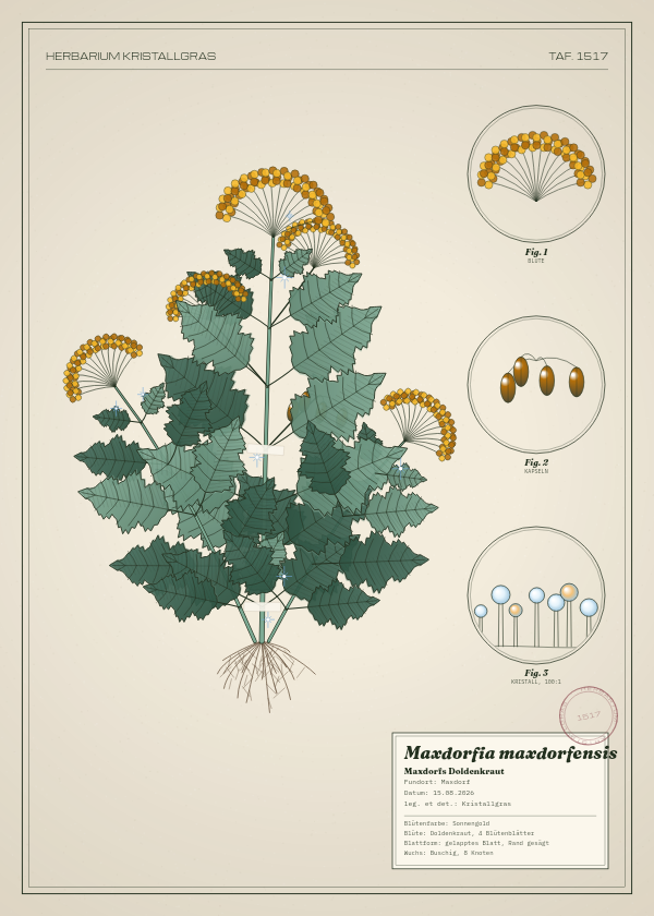 Botanische Tafel: Maxdorfia maxdorfensis, eine erfundene Pflanze aus Maxdorf, gezeichnet wie in einem alten Pflanzenatlas