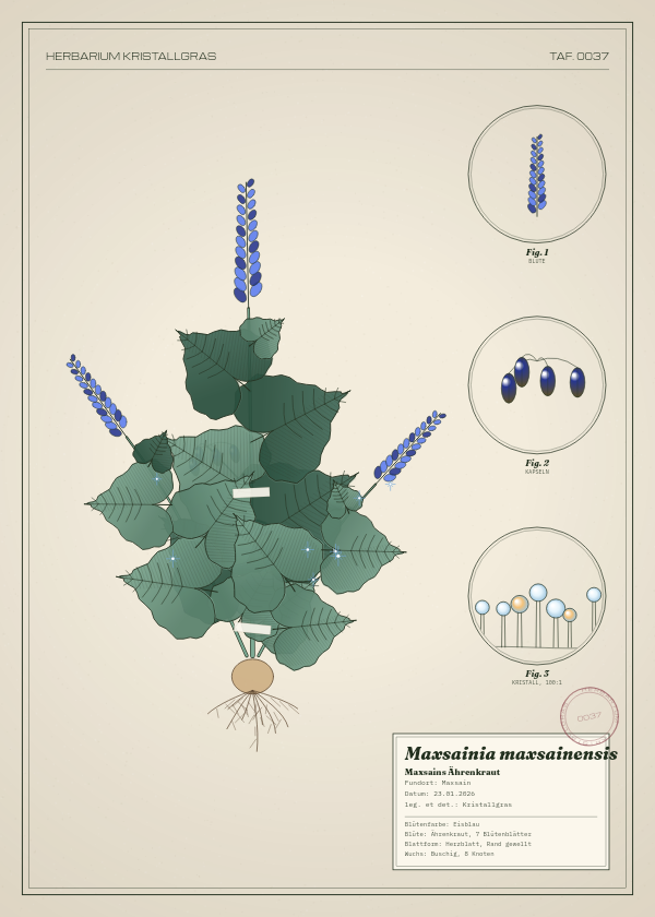 Botanische Tafel: Maxsainia maxsainensis, eine erfundene Pflanze aus Maxsain, gezeichnet wie in einem alten Pflanzenatlas
