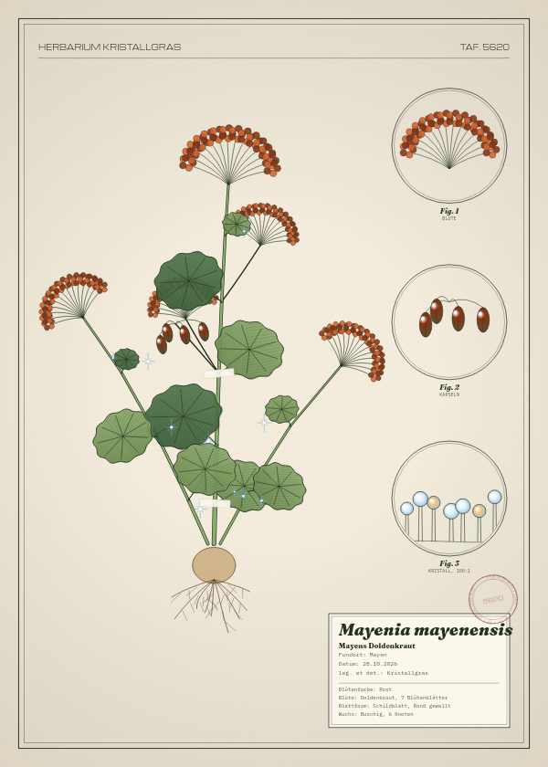 Botanische Tafel: Mayenia mayenensis, eine erfundene Pflanze aus Mayen, gezeichnet wie in einem alten Pflanzenatlas