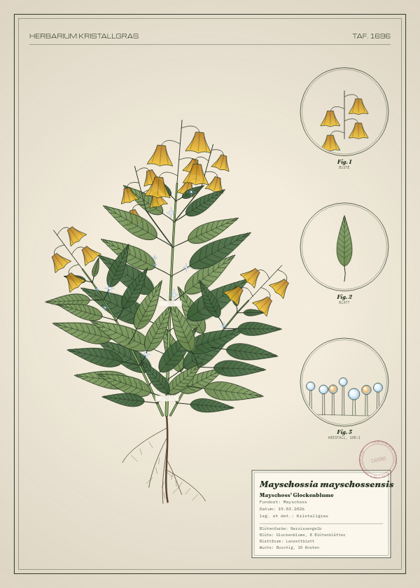 Botanische Tafel: Mayschossia mayschossensis, eine erfundene Pflanze aus Mayschoss, gezeichnet wie in einem alten Pflanzenatlas
