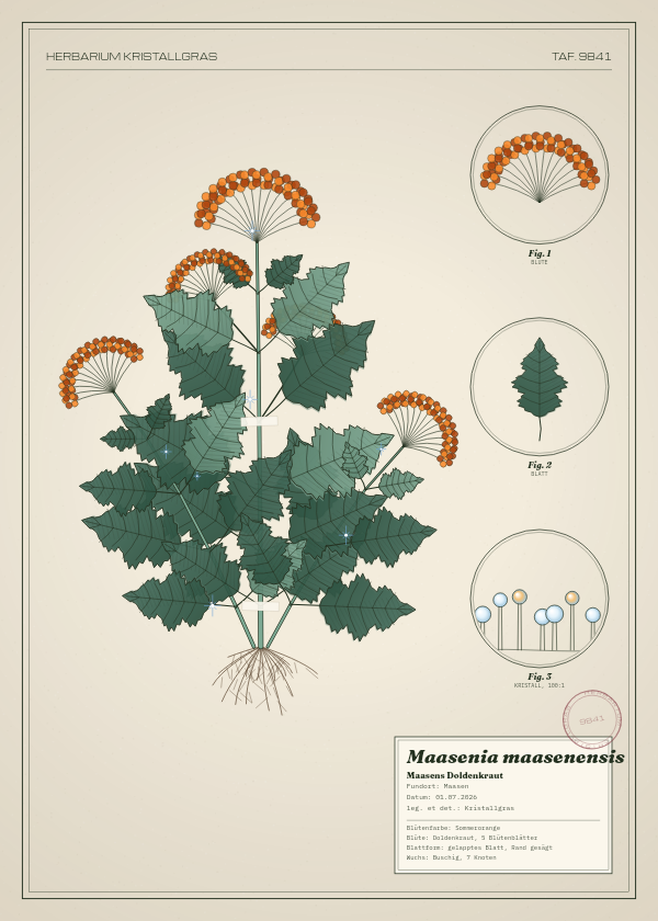 Botanische Tafel: Maasenia maasenensis, eine erfundene Pflanze aus Maasen, gezeichnet wie in einem alten Pflanzenatlas
