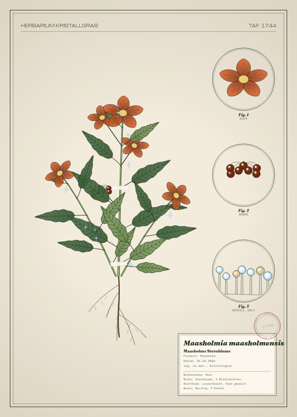 Botanische Tafel: Maasholmia maasholmensis, eine erfundene Pflanze aus Maasholm, gezeichnet wie in einem alten Pflanzenatlas