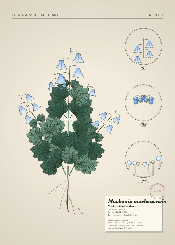 Botanische Tafel: Mackenia mackenensis, eine erfundene Pflanze aus Macken, gezeichnet wie in einem alten Pflanzenatlas