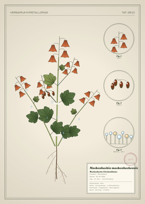 Botanische Tafel: Mackenbachia mackenbachensis, eine erfundene Pflanze aus Mackenbach, gezeichnet wie in einem alten Pflanzenatlas