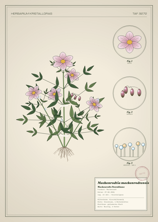 Botanische Tafel: Mackenrodtia mackenrodtensis, eine erfundene Pflanze aus Mackenrodt, gezeichnet wie in einem alten Pflanzenatlas