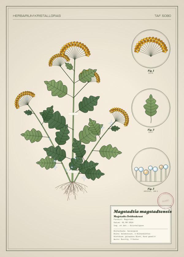 Botanische Tafel: Magstadtia magstadtensis, eine erfundene Pflanze aus Magstadt, gezeichnet wie in einem alten Pflanzenatlas