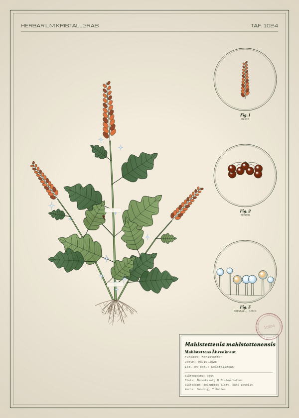 Botanische Tafel: Mahlstettenia mahlstettenensis, eine erfundene Pflanze aus Mahlstetten, gezeichnet wie in einem alten Pflanzenatlas