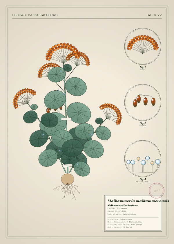 Botanische Tafel: Maikammeria maikammerensis, eine erfundene Pflanze aus Maikammer, gezeichnet wie in einem alten Pflanzenatlas