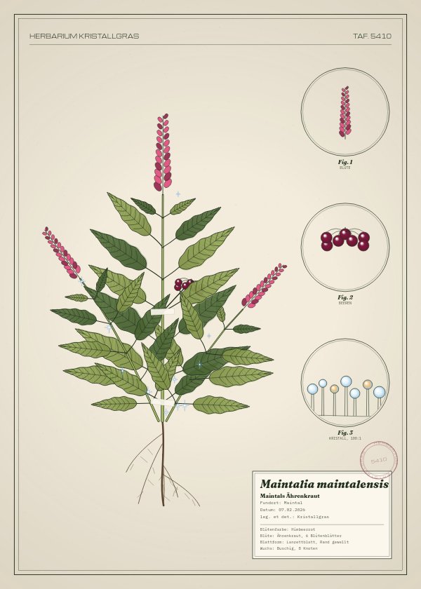 Botanische Tafel: Maintalia maintalensis, eine erfundene Pflanze aus Maintal, gezeichnet wie in einem alten Pflanzenatlas