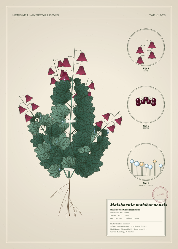 Botanische Tafel: Maisbornia maisbornensis, eine erfundene Pflanze aus Maisborn, gezeichnet wie in einem alten Pflanzenatlas