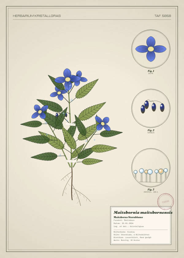 Botanische Tafel: Maitzbornia maitzbornensis, eine erfundene Pflanze aus Maitzborn, gezeichnet wie in einem alten Pflanzenatlas