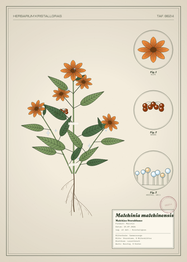 Botanische Tafel: Malchinia malchinensis, eine erfundene Pflanze aus Malchin, gezeichnet wie in einem alten Pflanzenatlas