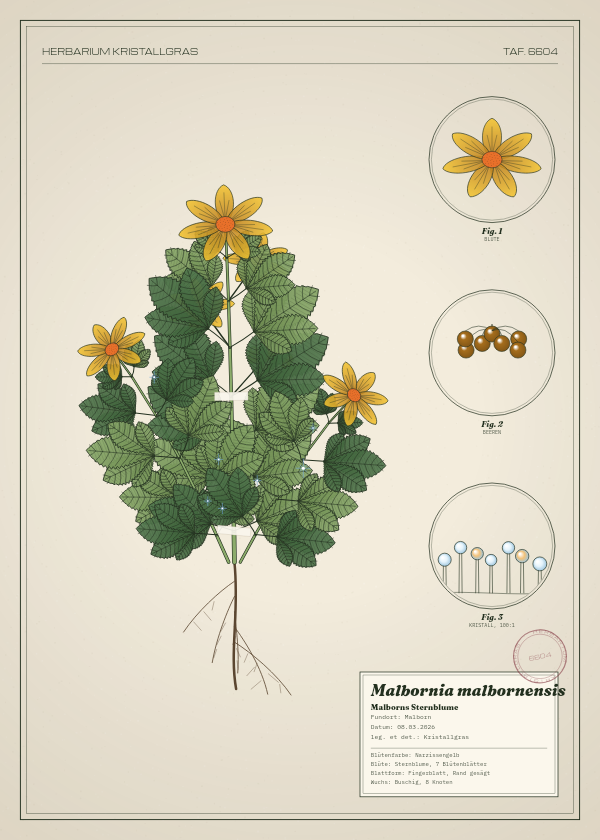Botanische Tafel: Malbornia malbornensis, eine erfundene Pflanze aus Malborn, gezeichnet wie in einem alten Pflanzenatlas