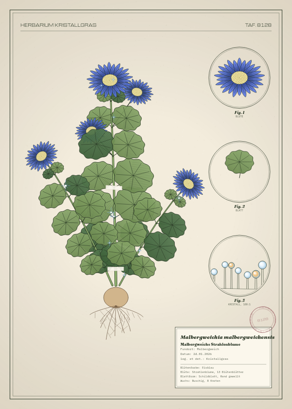 Botanische Tafel: Malbergweichia malbergweichensis, eine erfundene Pflanze aus Malbergweich, gezeichnet wie in einem alten Pflanzenatlas