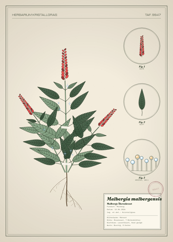 Botanische Tafel: Malbergia malbergensis, eine erfundene Pflanze aus Malberg, gezeichnet wie in einem alten Pflanzenatlas