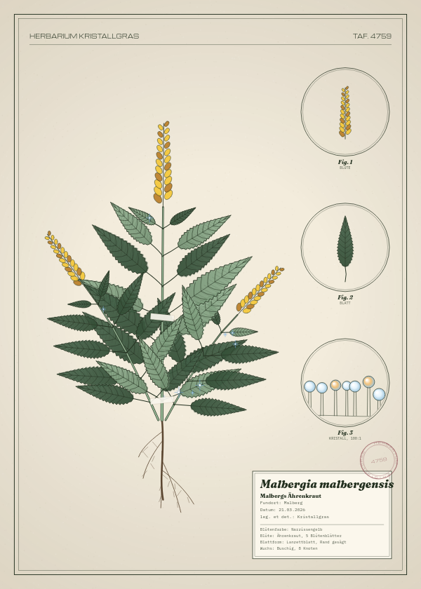Botanische Tafel: Malbergia malbergensis, eine erfundene Pflanze aus Malberg, gezeichnet wie in einem alten Pflanzenatlas