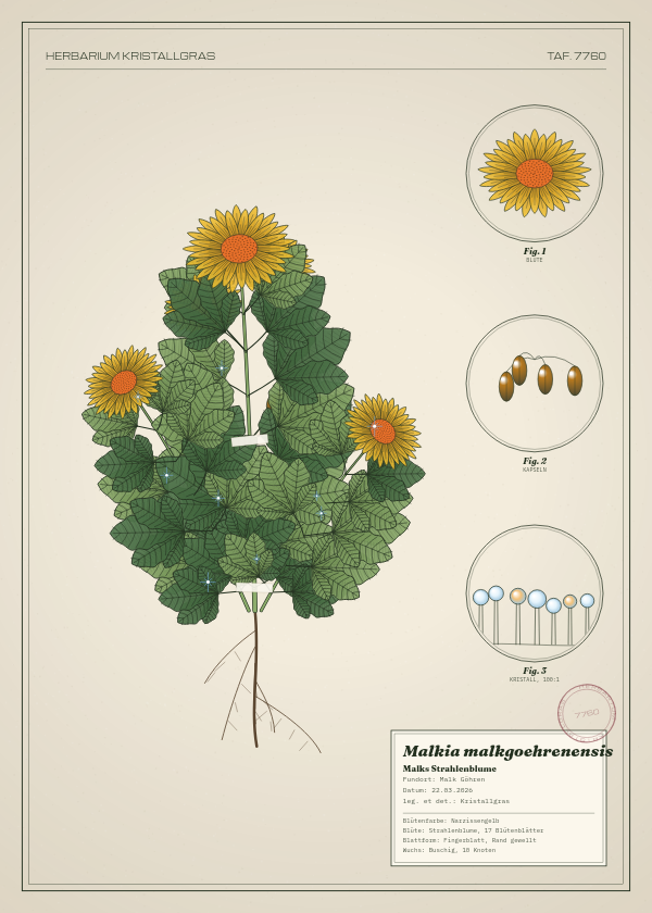 Botanische Tafel: Malkia malkgoehrenensis, eine erfundene Pflanze aus Malk Göhren, gezeichnet wie in einem alten Pflanzenatlas