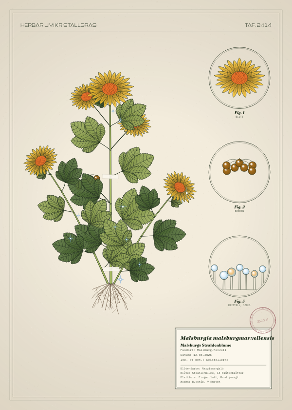 Botanische Tafel: Malsburgia malsburgmarzellensis, eine erfundene Pflanze aus Malsburg-Marzell, gezeichnet wie in einem alten Pflanzenatlas