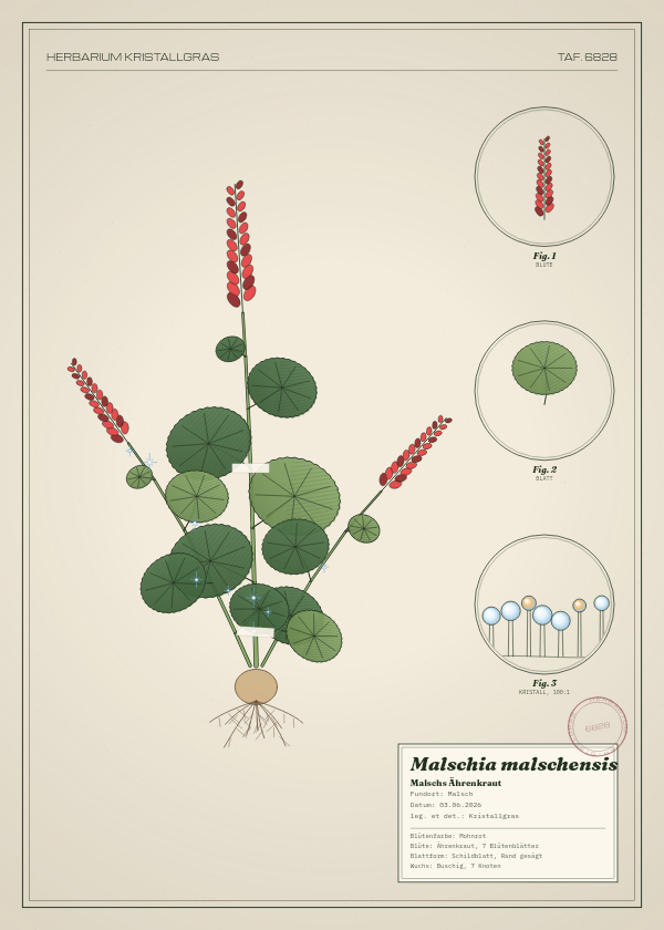 Botanische Tafel: Malschia malschensis, eine erfundene Pflanze aus Malsch, gezeichnet wie in einem alten Pflanzenatlas