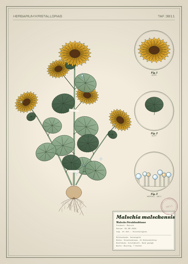 Botanische Tafel: Malschia malschensis, eine erfundene Pflanze aus Malsch, gezeichnet wie in einem alten Pflanzenatlas