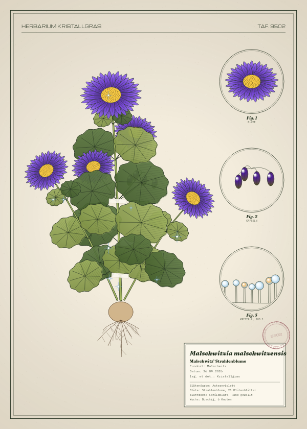 Botanische Tafel: Malschwitzia malschwitzensis, eine erfundene Pflanze aus Malschwitz, gezeichnet wie in einem alten Pflanzenatlas