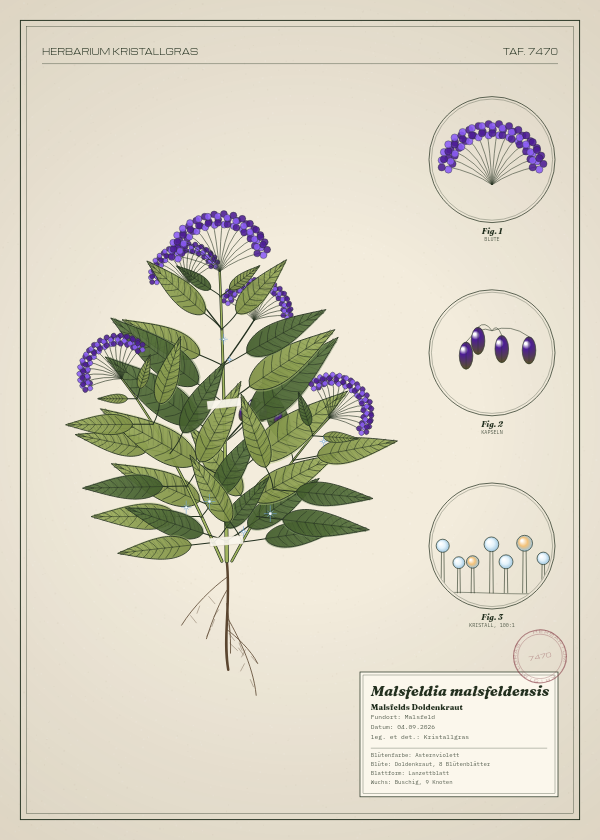 Botanische Tafel: Malsfeldia malsfeldensis, eine erfundene Pflanze aus Malsfeld, gezeichnet wie in einem alten Pflanzenatlas