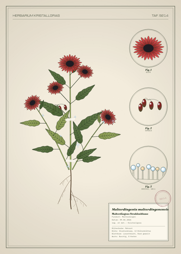 Botanische Tafel: Malterdingenia malterdingenensis, eine erfundene Pflanze aus Malterdingen, gezeichnet wie in einem alten Pflanzenatlas