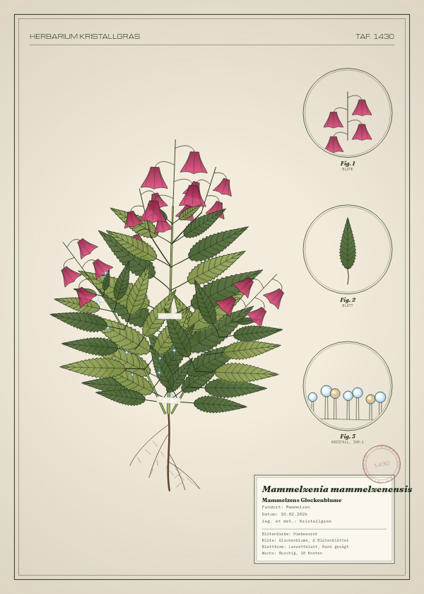 Botanische Tafel: Mammelzenia mammelzenensis, eine erfundene Pflanze aus Mammelzen, gezeichnet wie in einem alten Pflanzenatlas