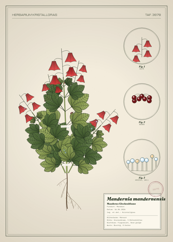 Botanische Tafel: Mandernia mandernensis, eine erfundene Pflanze aus Mandern, gezeichnet wie in einem alten Pflanzenatlas
