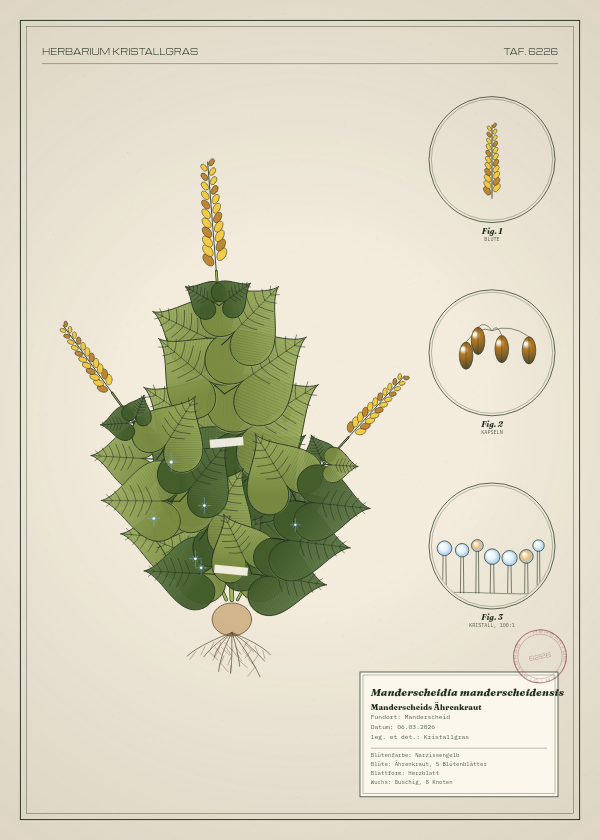 Botanische Tafel: Manderscheidia manderscheidensis, eine erfundene Pflanze aus Manderscheid, gezeichnet wie in einem alten Pflanzenatlas