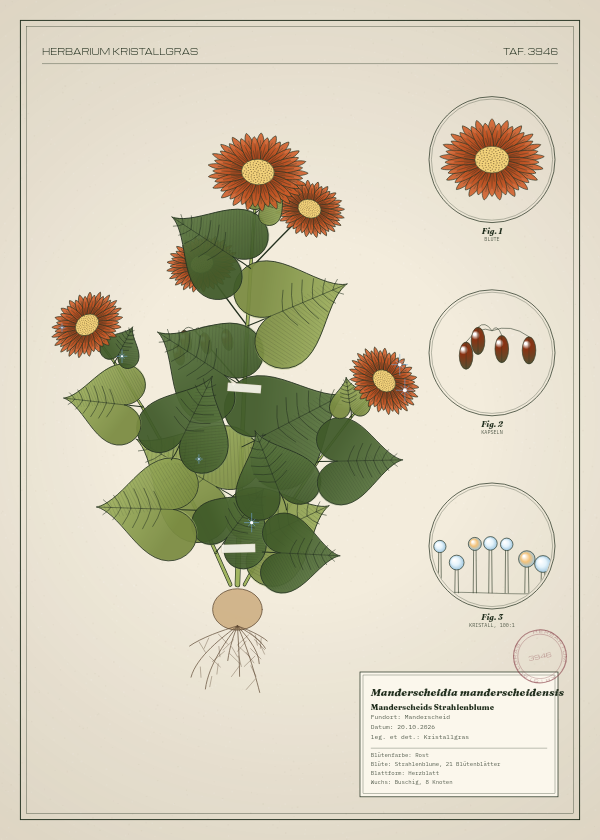 Botanische Tafel: Manderscheidia manderscheidensis, eine erfundene Pflanze aus Manderscheid, gezeichnet wie in einem alten Pflanzenatlas