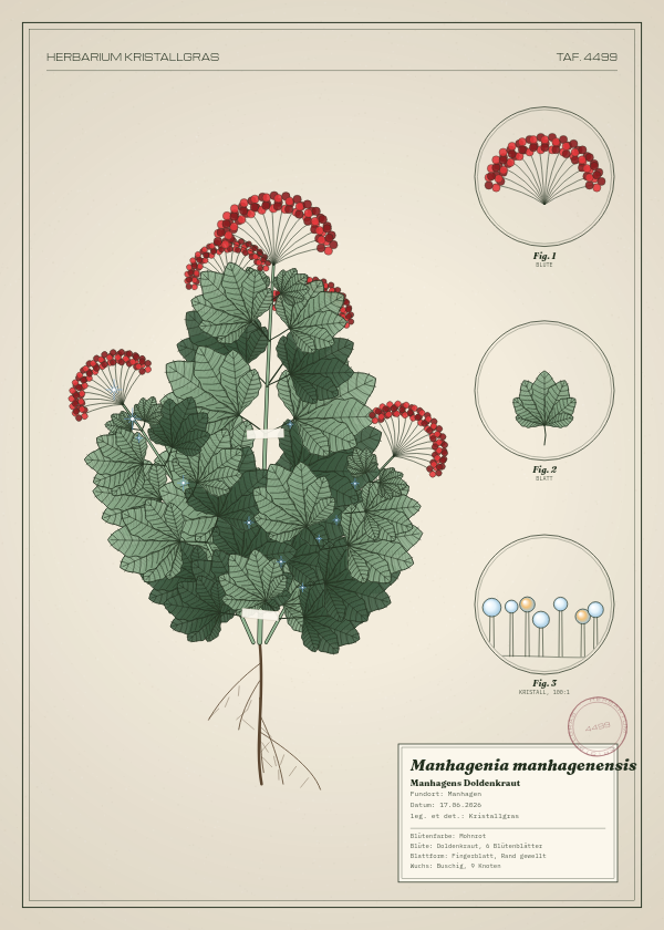Botanische Tafel: Manhagenia manhagenensis, eine erfundene Pflanze aus Manhagen, gezeichnet wie in einem alten Pflanzenatlas
