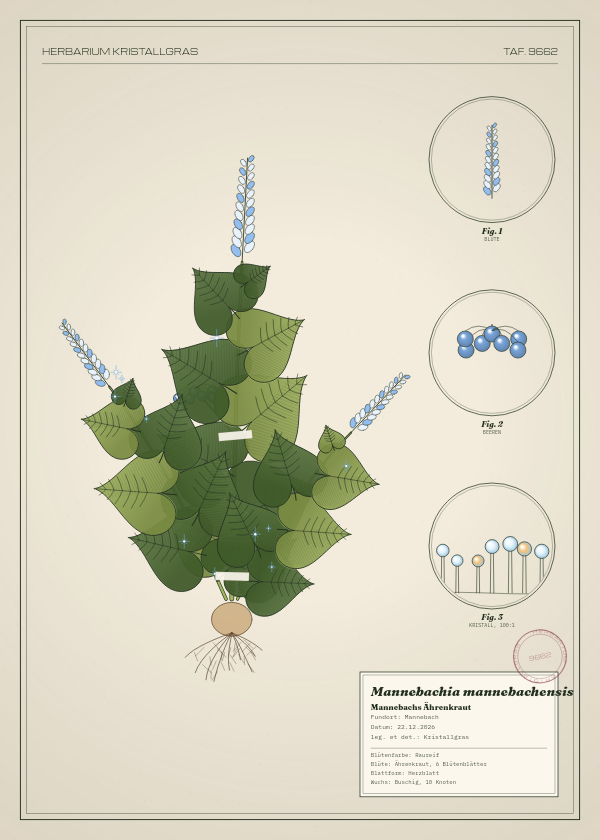 Botanische Tafel: Mannebachia mannebachensis, eine erfundene Pflanze aus Mannebach, gezeichnet wie in einem alten Pflanzenatlas