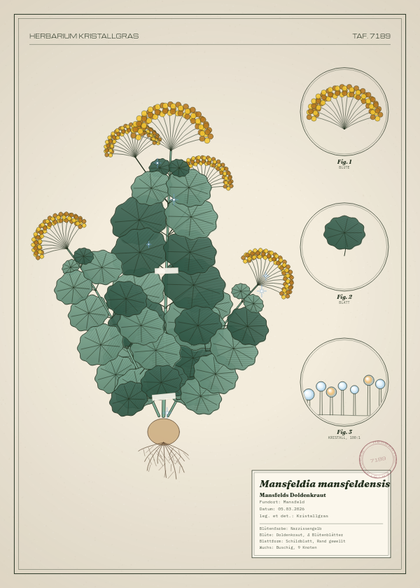 Botanische Tafel: Mansfeldia mansfeldensis, eine erfundene Pflanze aus Mansfeld, gezeichnet wie in einem alten Pflanzenatlas