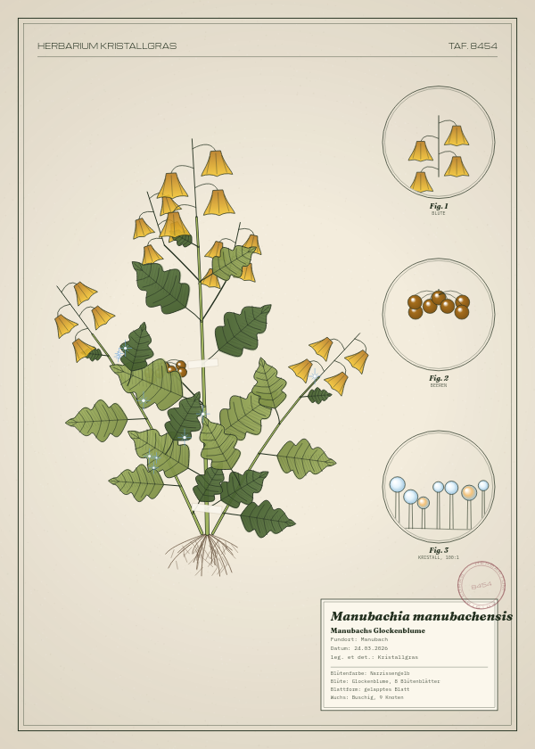 Botanische Tafel: Manubachia manubachensis, eine erfundene Pflanze aus Manubach, gezeichnet wie in einem alten Pflanzenatlas