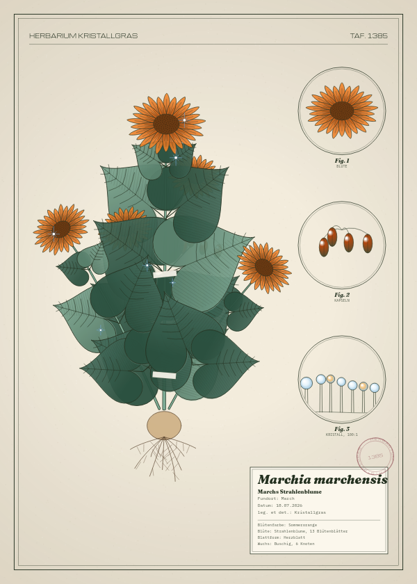 Botanische Tafel: Marchia marchensis, eine erfundene Pflanze aus March, gezeichnet wie in einem alten Pflanzenatlas
