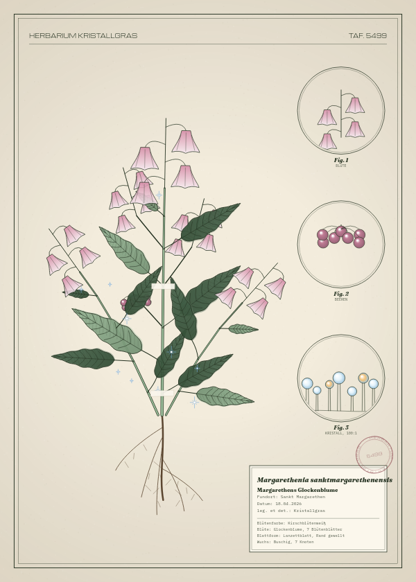 Botanische Tafel: Margarethenia sanktmargarethenensis, eine erfundene Pflanze aus Sankt Margarethen, gezeichnet wie in einem alten Pflanzenatlas
