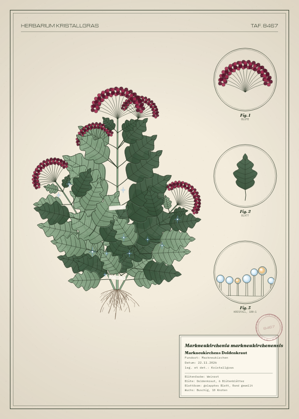Botanische Tafel: Markneukirchenia markneukirchenensis, eine erfundene Pflanze aus Markneukirchen, gezeichnet wie in einem alten Pflanzenatlas