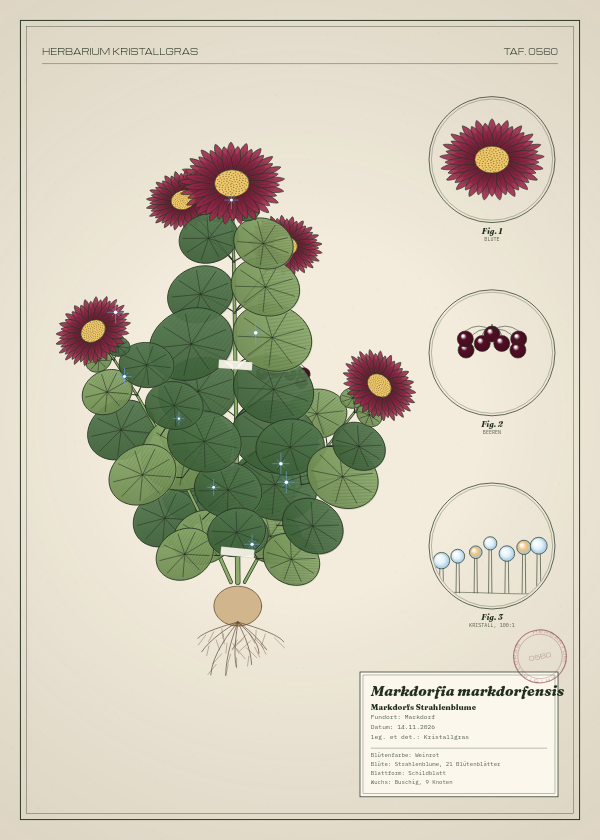Botanische Tafel: Markdorfia markdorfensis, eine erfundene Pflanze aus Markdorf, gezeichnet wie in einem alten Pflanzenatlas