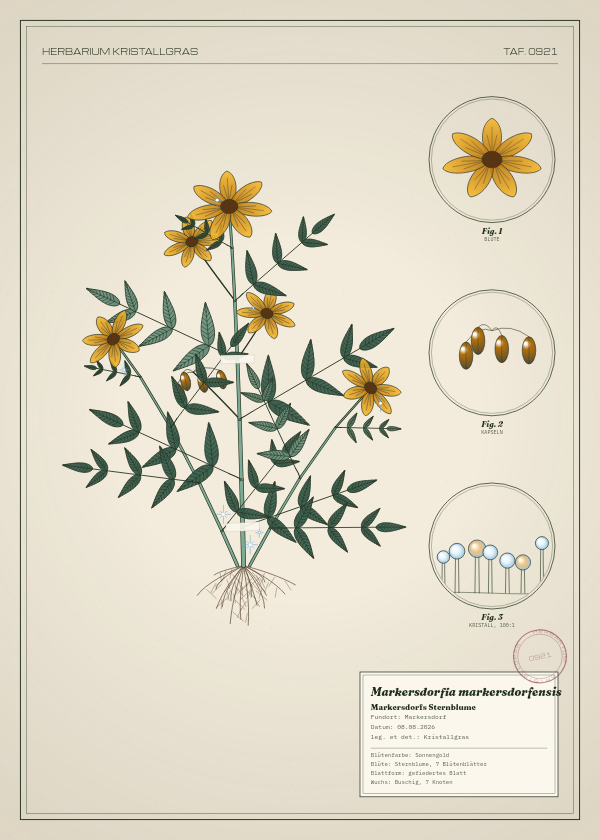 Botanische Tafel: Markersdorfia markersdorfensis, eine erfundene Pflanze aus Markersdorf, gezeichnet wie in einem alten Pflanzenatlas