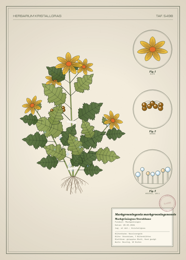 Botanische Tafel: Markgroeningenia markgroeningenensis, eine erfundene Pflanze aus Markgröningen, gezeichnet wie in einem alten Pflanzenatlas