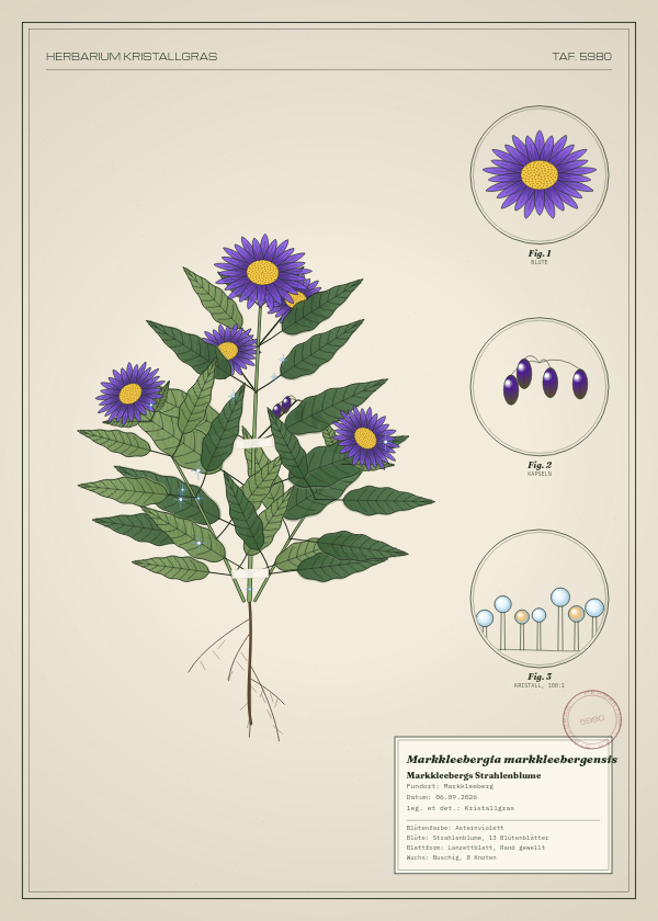 Botanische Tafel: Markkleebergia markkleebergensis, eine erfundene Pflanze aus Markkleeberg, gezeichnet wie in einem alten Pflanzenatlas