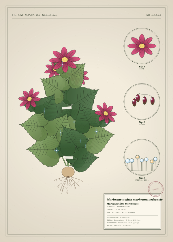 Botanische Tafel: Markranstaedtia markranstaedtensis, eine erfundene Pflanze aus Markranstädt, gezeichnet wie in einem alten Pflanzenatlas