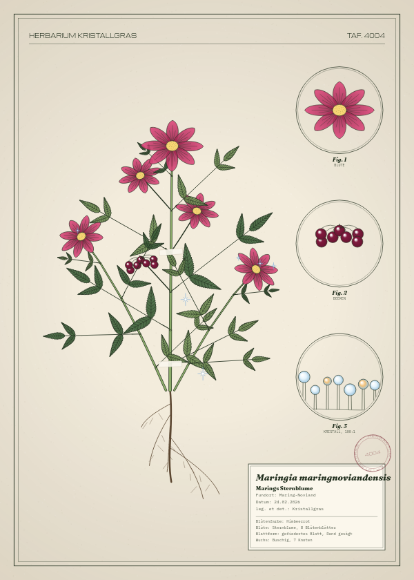 Botanische Tafel: Maringia maringnoviandensis, eine erfundene Pflanze aus Maring-Noviand, gezeichnet wie in einem alten Pflanzenatlas