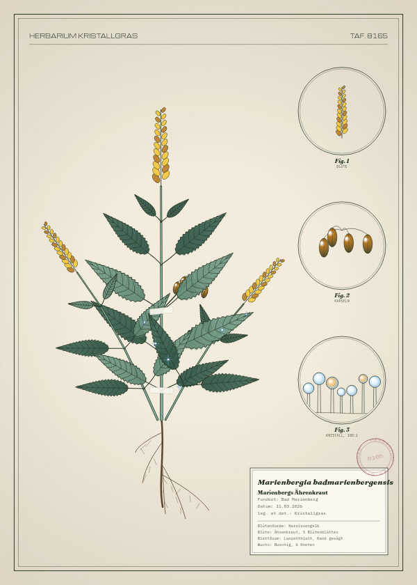 Botanische Tafel: Marienbergia badmarienbergensis, eine erfundene Pflanze aus Bad Marienberg, gezeichnet wie in einem alten Pflanzenatlas