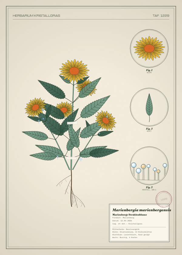 Botanische Tafel: Marienbergia marienbergensis, eine erfundene Pflanze aus Marienberg, gezeichnet wie in einem alten Pflanzenatlas